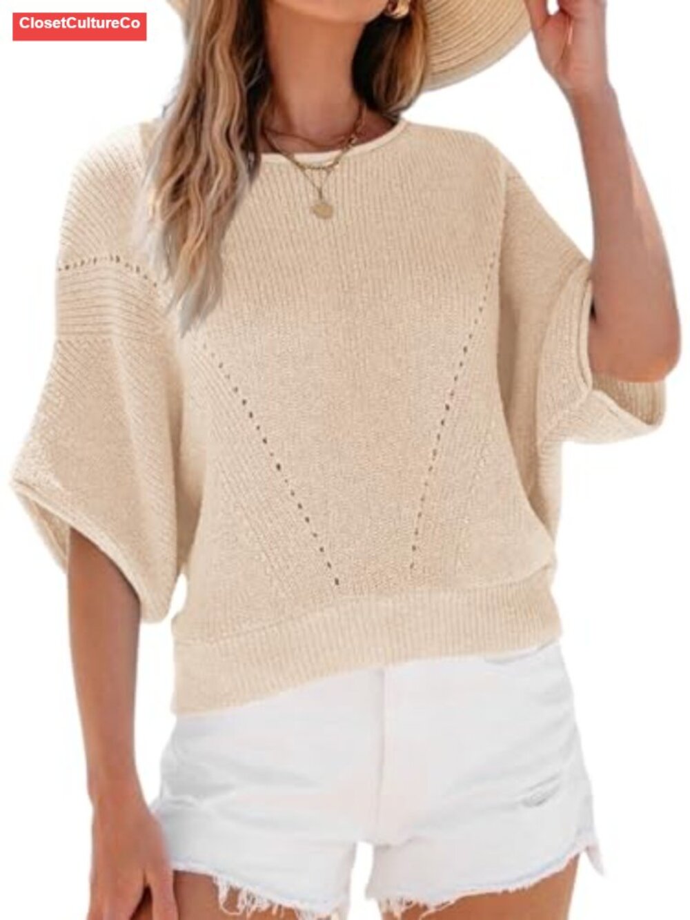 Women's Short Batwing Sleeve Crochet Knit Sweater Crew Neck Pullover Top